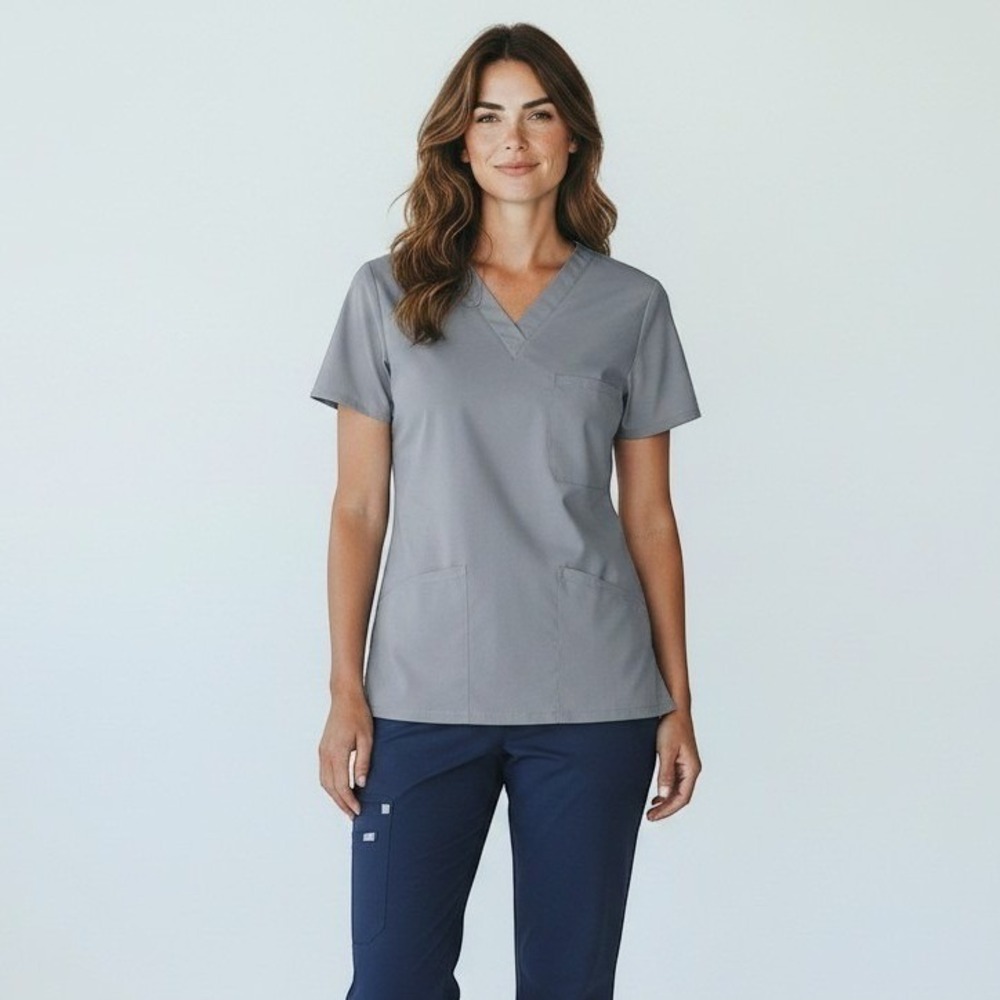 Medline Women Scrub Top Large Gray V-Neck Short Sleeve Pockets Medical Uniform